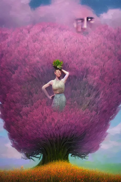 Prompt: closeup, a giant flower head, mohawk, woman in heather field, surreal photography, starlight, storm clouds, impressionist painting, digital painting, artstation, simon stalenhag