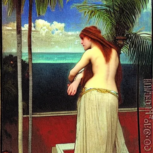 Image similar to Girl with a blood dripping chalice at the palace, thunderstorm, pool, beach and palm trees on the background major arcana sky, by paul delaroche, alphonse mucha and arnold böcklin arnold böcklin hyperrealistic 8k, very detailed