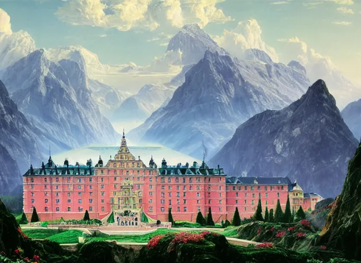 Image similar to painting of the grand budapest hotel in front of beautiful mountains by thomas cole