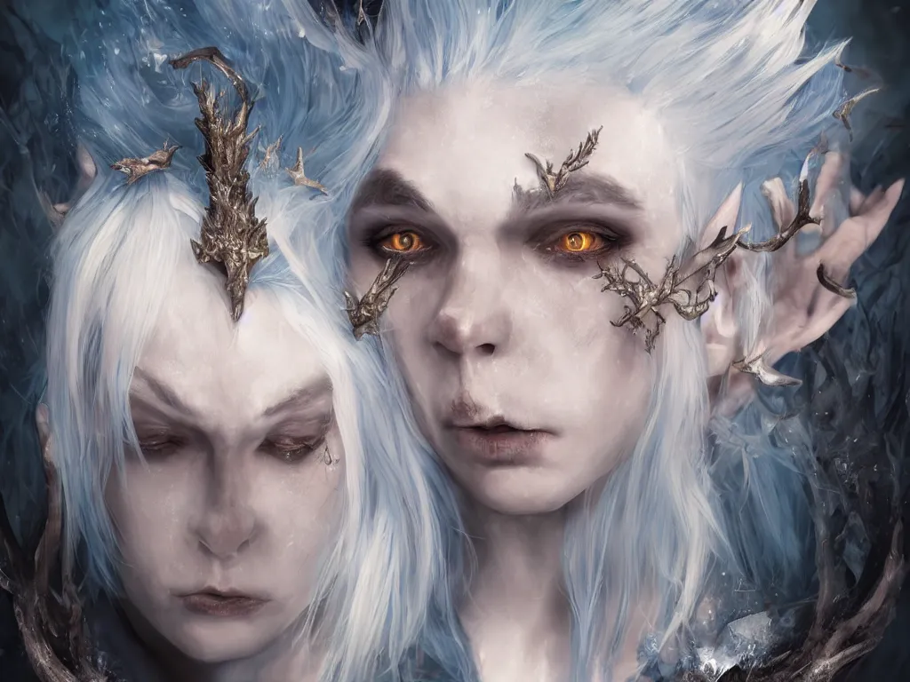 Image similar to the frightening archfey called'the prince of frost ', full - body portrait, fantasy, white hair, blue skin, wild eyebrows, young adult, elf, crown, hard edges, soft lighting, professional lighting, trending on artstation