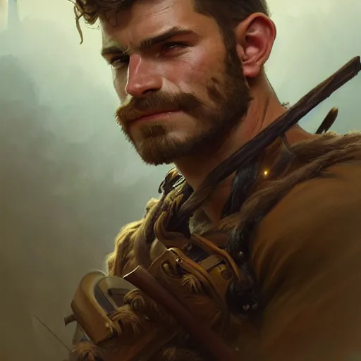 Image similar to portrait of a young rugged ranger, muscular, upper body, hairy thighs, D&D, fantasy, intricate, cinematic lighting, highly detailed, digital painting, artstation, concept art, smooth, sharp focus, illustration, art by Artgerm and Greg Rutkowski and Alphonse Mucha