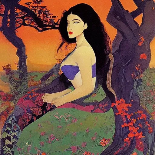 Image similar to a naturalist beautiful beautiful gorgeous vintage painting of a portrait of a queen with dark curly hair and fair pale skin on a throne by nicholas roerich by gustave moreau, by eyvind earle by bruce pennington