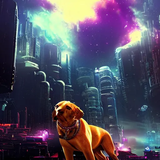 Prompt: dog nebula above a cyberpunk planet