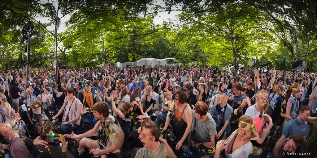 Prompt: an ecstatic crowd at a solarpunk festival listening a wired up cybernetic artifical intelligent synthesizer on a overgrown center stage playing music in the year 3 0 0 0, blissful, unreal, 4 k, hyperrealistic, refraction, 3 d, octane, architecture, by victor henrich, art nouveau, ultrawide, bloom filter, lush, harmony, solarpunk