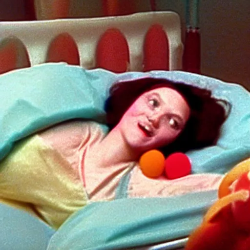 Prompt: woman who has given birth to a squishy inflatable toy, in hospital bed, Fellini film, 1974 archival footage, technicolor film expired film, 16mm, wacky children's tv