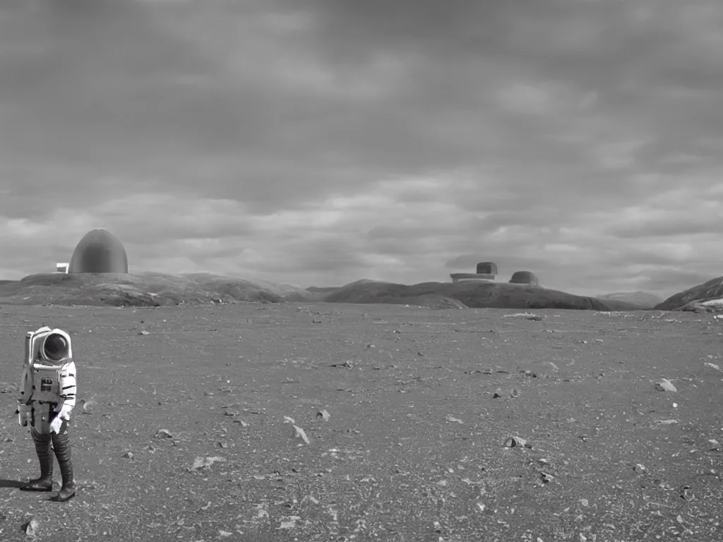 Prompt: tourist astronaut visiting the Isle of Harris, Scotland, a spaceship in the background, 35 mm lens, large format camera, photorealistic