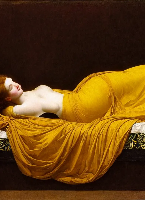 Image similar to masterpiece portrait of lady reclining on bed wearing yellow ochre ornate medieval dress, vertical, foreshortening, colour photography by frederic leighton, william morris, 8 k