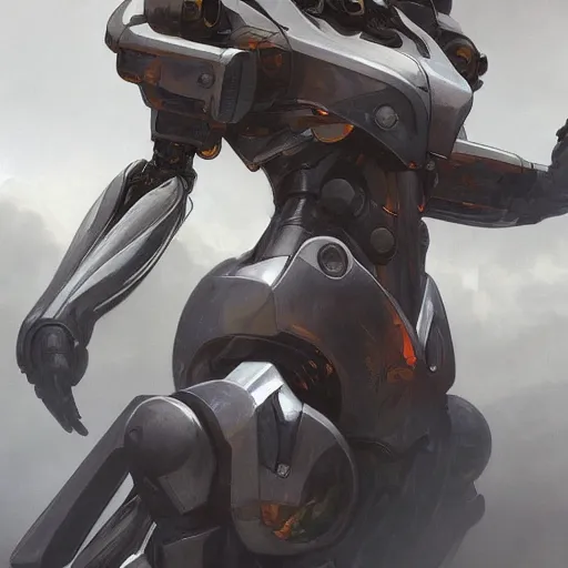 Prompt: ! dream a full length portrait of a giant autonomous polished steel battle mecha, a moody sci - fi painting art by artgerm and greg rutkowski and alphonse mucha, trending on artstation, smooth arstation, detailed, highly detailed matte painting, cinematic