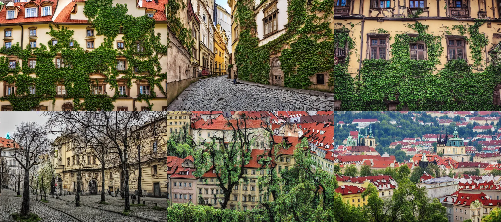 Prompt: a professional color photo of a prague without humans, prague with nature returning to the city, abandonned prague buildings mildly covered with ivy, humans suddenly dissapeared, detailed photo, fine detail, iphone 4 k