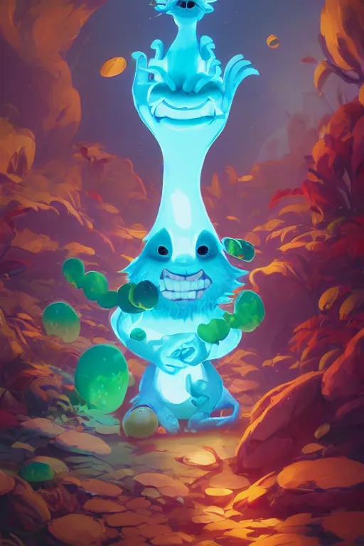 Image similar to smurf ghost creature animal sushi cristal very big eye roots cactus elemental flush of force nature micro world fluo fishscale, behance hd by jesper ejsing, by rhads, makoto shinkai and lois van baarle, ilya kuvshinov, rossdraws radiating a glowing aura global illumination ray tracing hdr