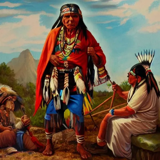 Image similar to a painting of a native american chief selling his bitcoin, in traditional dress, by atrgerm