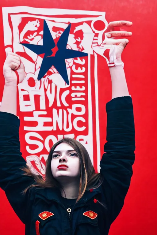 Image similar to a russian communist girl protests the police, red background, poster style