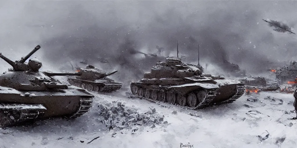 Image similar to World War 2 scene in winter, german and soviet soldiers, german and soviet tanks firing, some tanks destroyed, explosions, blizzard, brutal, dark, concept art, jakub rozalski