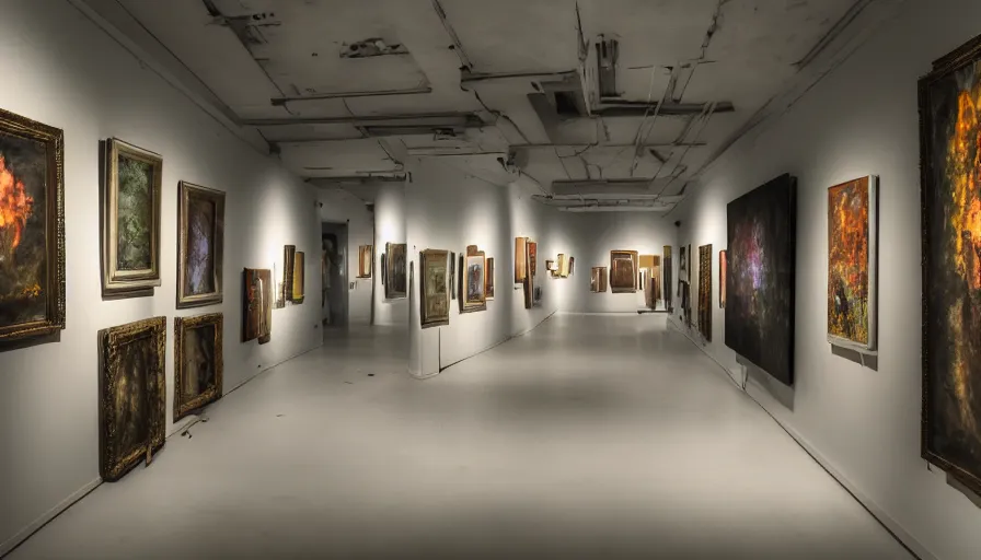 Prompt: dramatic photo of abandoned art gallery full of art canvases and photos of landscapes covering the walls, robots in the room painting and admiring the photos, cinematic lighting, wide angle, servers