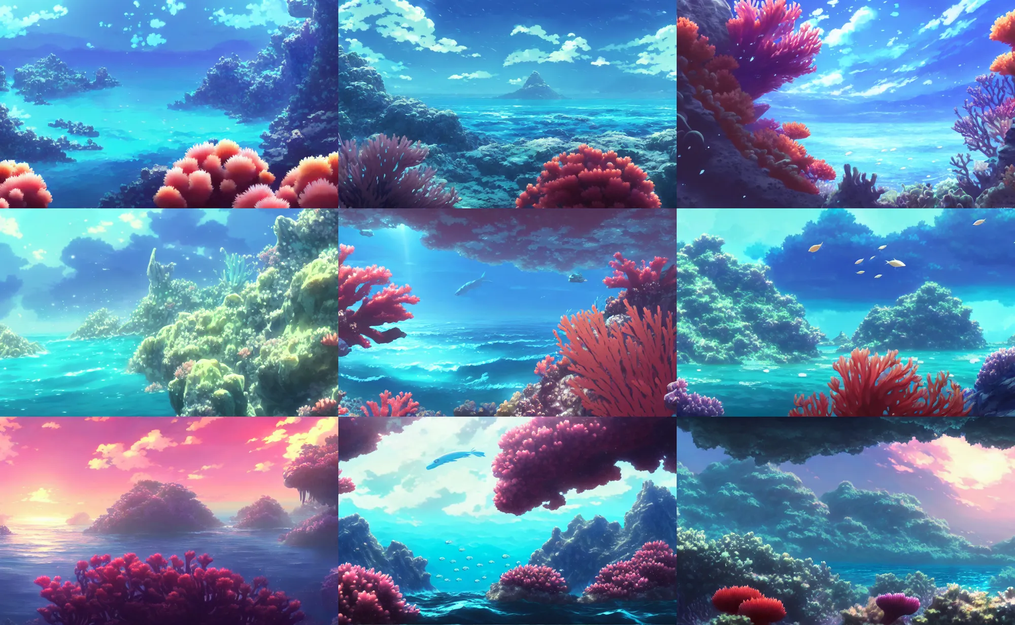 Prompt: an anime movie background matte painting of an underwater ocean reef, coral, fish, anemones, seaweed, by makoto shinkai, trending on artstation, highly detailed