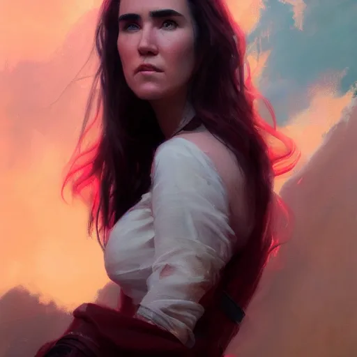 Prompt: jennifer connelly, colorful oil painting by greg rutkowski, charlie bowater, yuumei, yanjun cheng, unreal 5, daz, hyperrealistic, octane render, rpg portrait, dynamic lighting, fantasy art, beautiful face