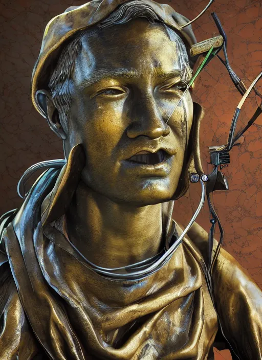 Image similar to An epic fantastic realism comic book style portrait painting of a distressed bronze archery sculpture from the future by Stanislaw Szukalski, gilded colorful marbled paper background, winged archer, fisheye lens, unreal 5, DAZ, hyperrealistic, octane render, dynamic lighting