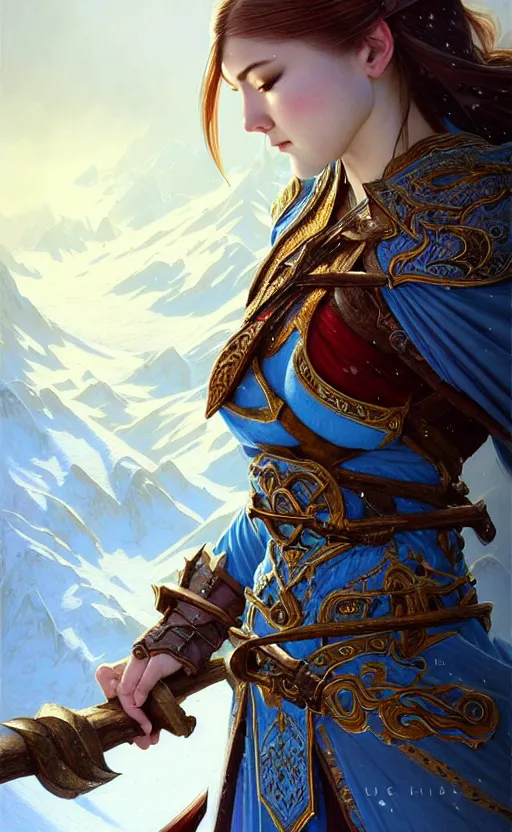 Image similar to azure viking warrior, regal, elegant, winter, snow, beautiful, stunning, hd, illustration, epic, d & d, fantasy, intricate, elegant, highly detailed, wide angle, digital painting, artstation, concept art, smooth, sharp focus, illustration, wallpaper, art by artgerm and greg rutkowski and alphonse mucha and jin xiaodi