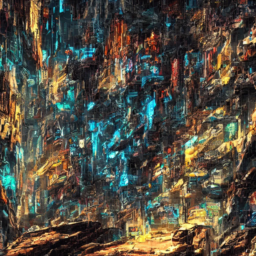 Image similar to a cave painting of a cyberpunk cave