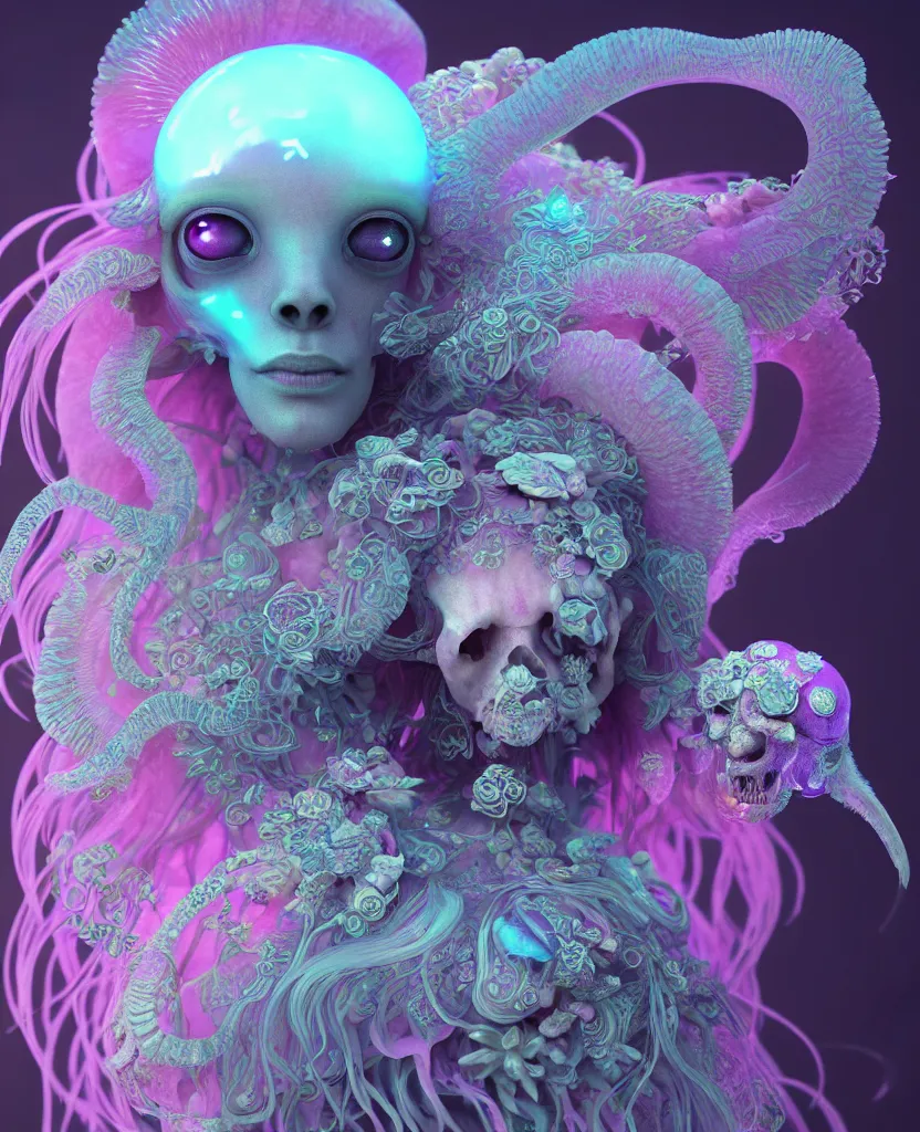 Image similar to goddess princess beautiful face close-up portrait ram skull fluffy toy. jellyfish phoenix head, nautilus, orchid, skull, betta fish, bioluminiscent creatures, intricate artwork by Tooth Wu and wlop and beeple. octane render, trending on artstation, greg rutkowski very coherent symmetrical artwork. cinematic, hyper realism, high detail, octane render, 8k