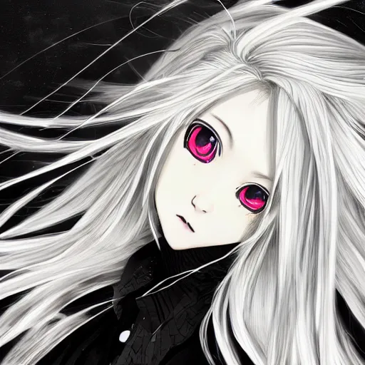 Image similar to Highly detailed Renaissance oil portrait in three quarter angle of an anime girl with long white hair fluttering on the wind and black eyes wearing office suit in the style of Yoshitaka Amano drawn with expressive brush strokes, abstract black and white patterns in the backround