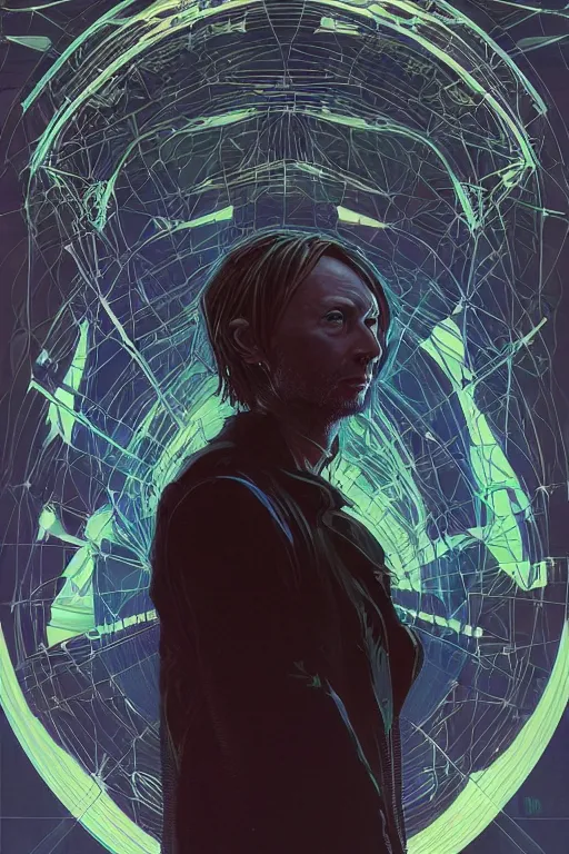 Prompt: A portrait of Thom Yorke as a cyberpunk android, iridescent geometry, surrounded by Mist, highly detailed, intricate, soft, sci-fi, sharp focus, subsurface scattering, art by Caravaggio, Greg rutkowski, Sachin Teng, Thomas Kindkade, Alphonse Mucha, Norman Rockwell, Tom Bagshaw.