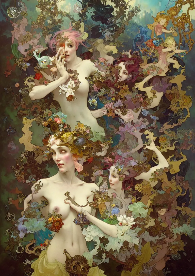 Image similar to baroque oil painting portrait of the colorful and playful fairy garden full of ghosts, by peter mohrbacher, alphonse mucha, brian froud, yoshitaka amano, kim keever, victo ngai, james jean