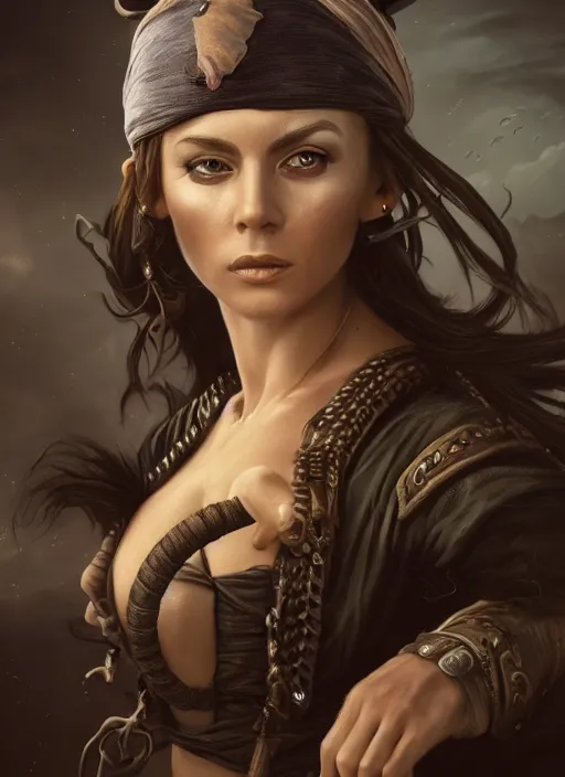Image similar to detailed full body dark and dull oil painting of a pirate female, beautiful face, elegant pose, fantasy, illustration, insanely detailed and intricate, octane render, 4k