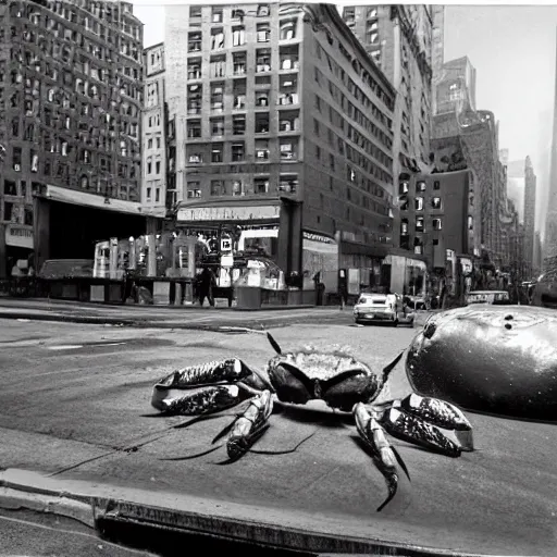 Prompt: A gigantic, huge crab, destroying New York City, photograph, found footage