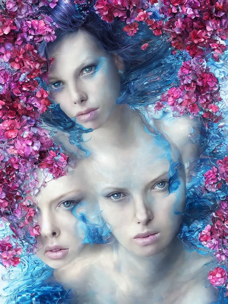 Prompt: hyper realistic digital painting a beautiful young sexy woman morphing into blue hydrangea and rose flowers who looks like a mix of charlize theron and milla jovovich full head portrait, blue hair, half submerged in water, painting by Anna Dittman and Ayami Kojima, wlop, perfect skin, perfect face, gorgeous, symmetrical face, symmetrical body, artgerm, long flowing blue hair, realistic, photorealistic, editorial photograph, DnD portrait, Magic the Gathering, detailed, intricate, focused, muted colors, trending on artstation