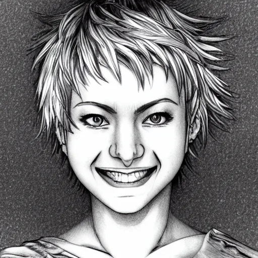 Prompt: portrait of a smiling smiling woman with short white hair, 1 2 3 4, medium shot, illustration, highly detailed, high quality, by kentaro miura