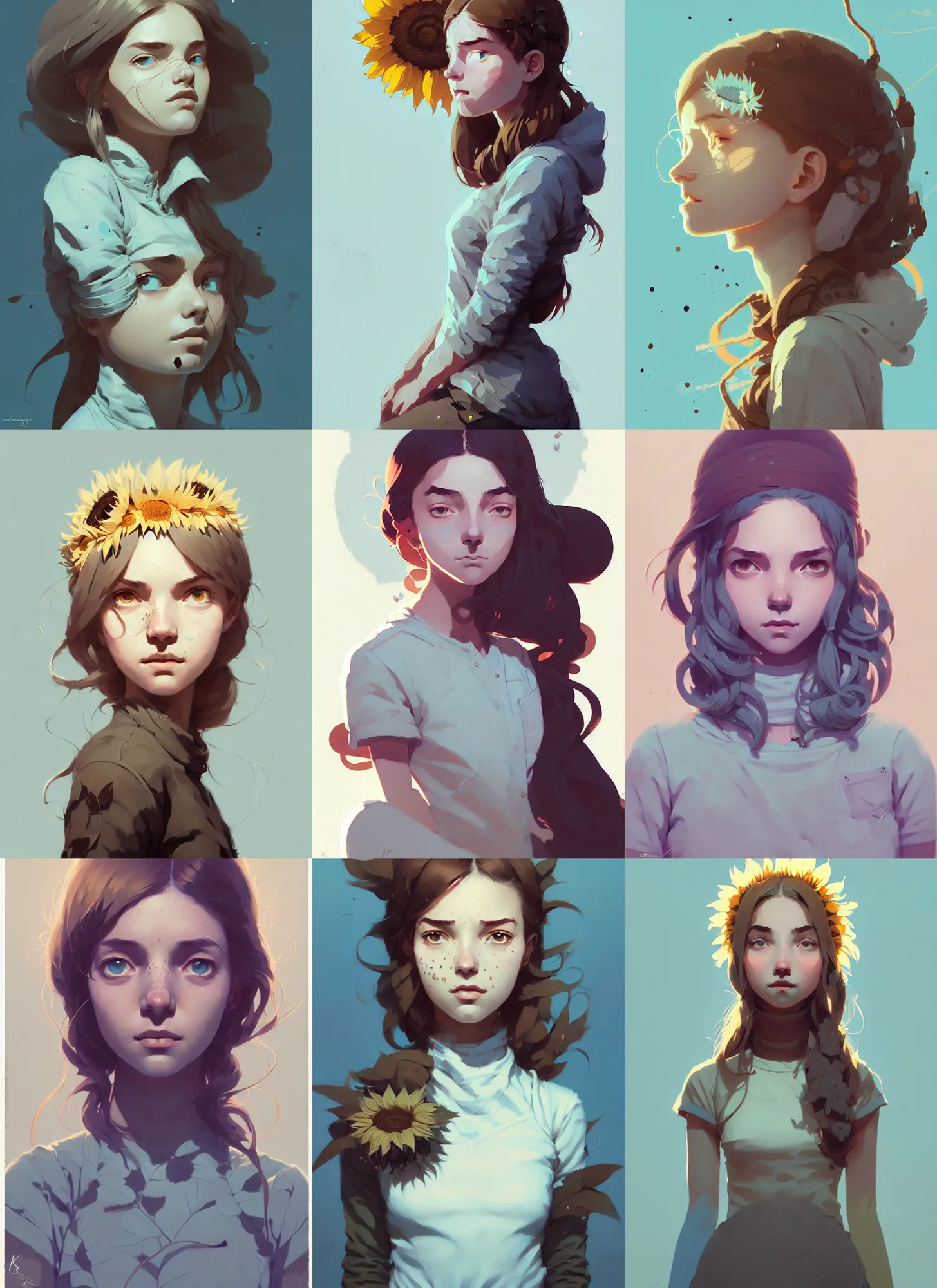 Prompt: highly detailed portrait of sunflower girl, by atey ghailan, by greg rutkowski, by greg tocchini, by james gilleard, by joe fenton, by kaethe butcher, gradient light blue, brown, blonde cream and white color scheme, grunge aesthetic