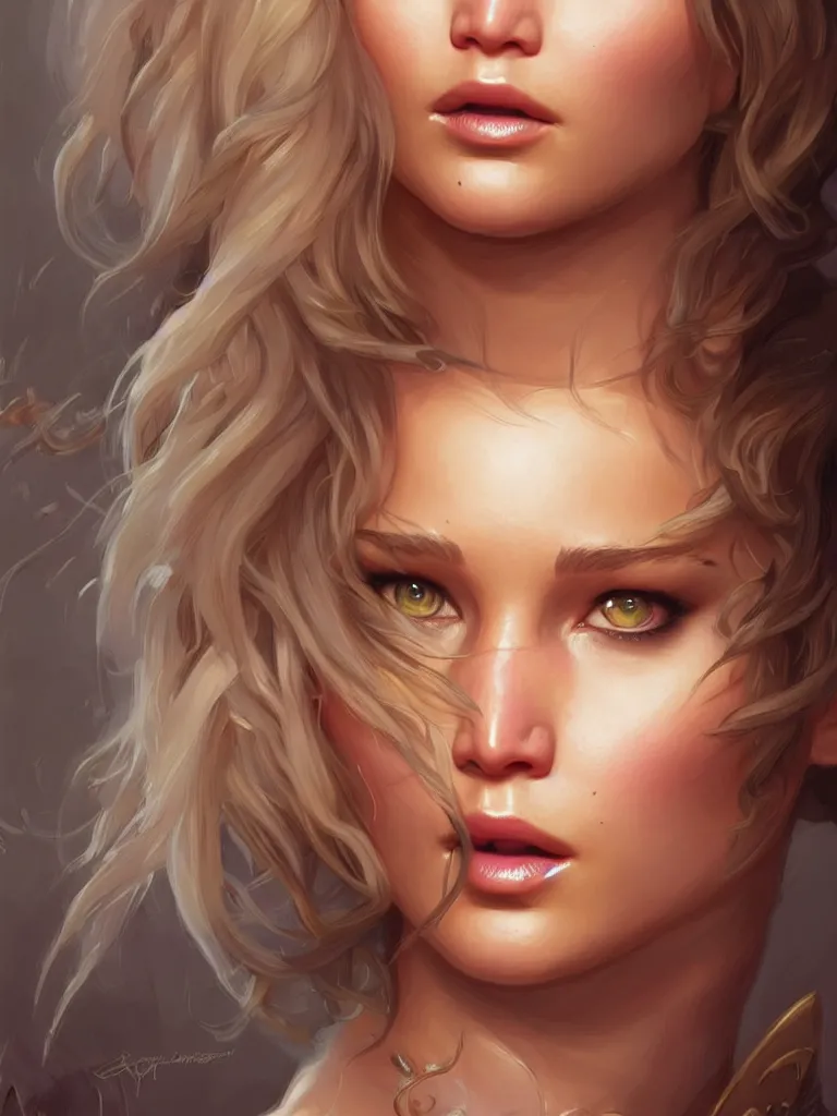 Image similar to Jennifer Lawrence, closeup, D&D, fantasy, intricate, elegant, highly detailed, digital painting, artstation, concept art, matte, sharp focus, illustration, hearthstone, art by Artgerm and Greg Rutkowski and Alphonse Mucha