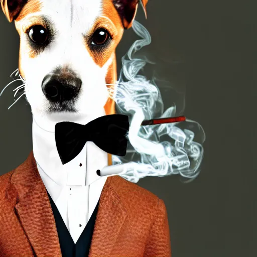 Image similar to a high detail closeup photograph of a dog wearing a suit 👔,and smoking a cigarrette🚬, award wining photograph, digital art