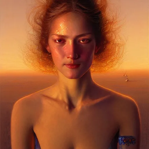 Prompt: Facial portrait of a cute shy woman, looking away from the camera, seductive smile, sparkle in eyes, lips slightly parted, long flowing hair, no hands visible, intricate, extremely detailed painting by James C. Christensen and by Greg Rutkowski and by Moebius, vibrant colors, golden hour