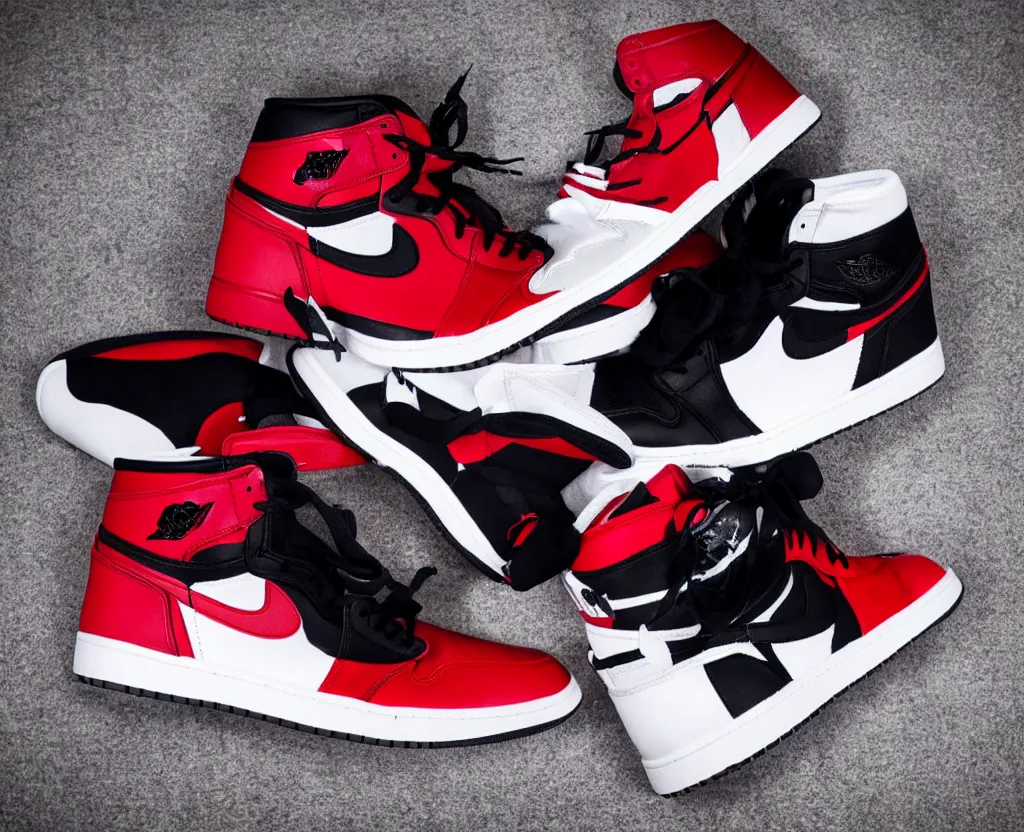 Prompt: a proffesional press photograph of nike jordan 1 black red and white