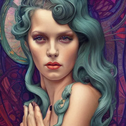 Image similar to an art nouveau, ( streamline moderne ), multi - racial portrait in the style of anna dittmann and donato giancola and chanthara. very large, clear, expressive, and intelligent eyes. centered, ultrasharp focus, dramatic lighting, photorealistic digital matte painting, intricate symmetrical ultra detailed background.