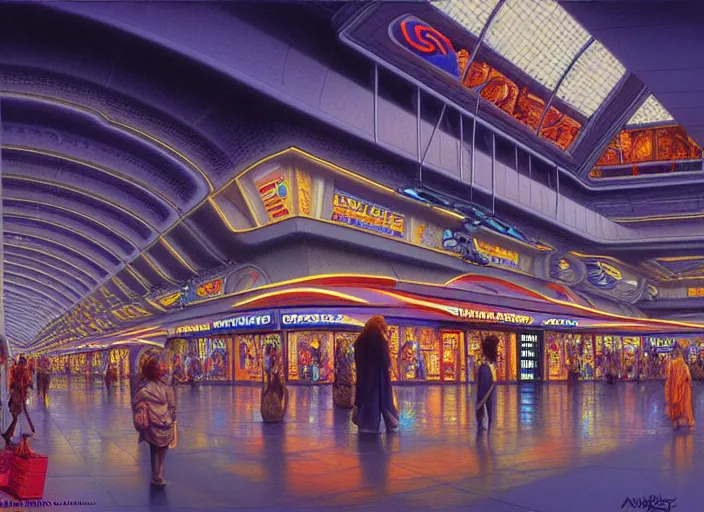 Prompt: detailed intricate portrait of futuristic shopping mall, sharp focus, art by artgerm, bob eggleton, michael whelan, stephen hickman, richard corben, wayne barlowe beautiful psychedelic dmt lighting, hyper detailed, 8 k, oil on canvas 8 k