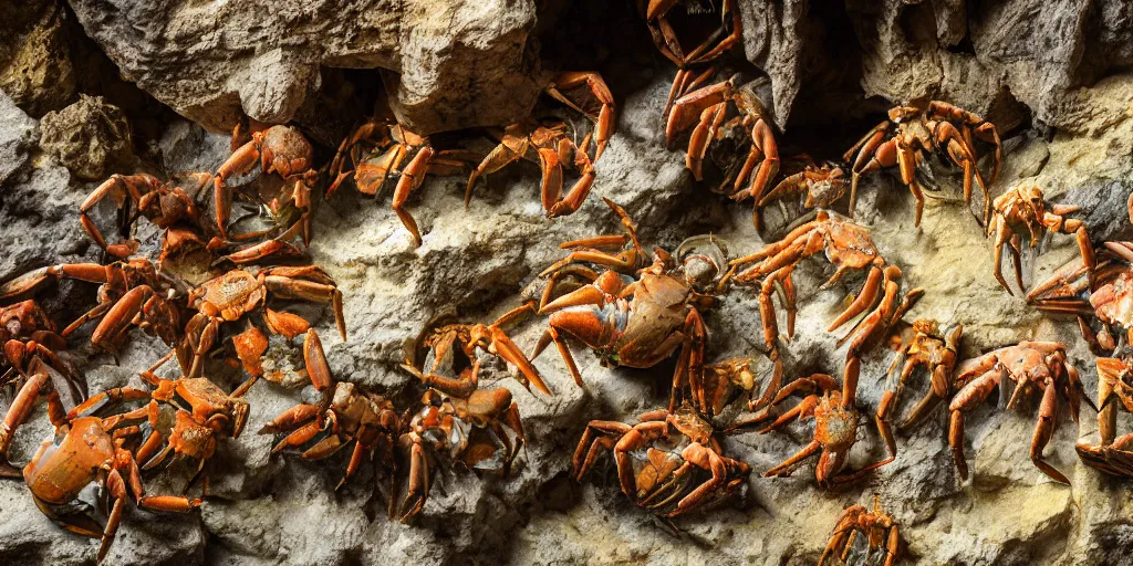 Prompt: crabs during a feeding frenzy inside of a cave, speleothems, limestone, rock strata, torches, rituals, carrion, extremely detailed, photorealistic, 4 k, 8 k