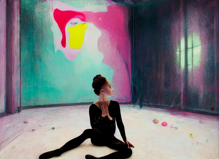 Image similar to portrait of nervous young girl ballerina sitting on the floor focusing in a dance hall by beeple and hernan bas and francis bacon and pat steir and hilma af klint, psychological, photorealistic, symmetrical face, dripping paint, washy brush, matte painting, rendered in octane, altermodern, masterpiece