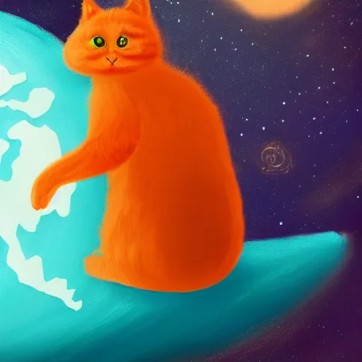 Image similar to A fuzzy orange cat sitting on planet earth, space with stars in the background, trending on artstation