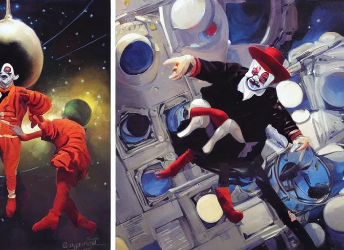 Prompt: a highly detailed beautiful portrait of a clown and a mime fighting on a space station, by gregory manchess, james gurney, james jean