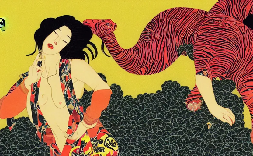 Prompt: a red delorean and a yellow tiger, painting by hsiao - ron cheng & utagawa kunisada, magazine collage style,