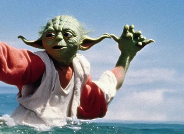 Image similar to a film still of yoda in baywatch 1 9 8 9