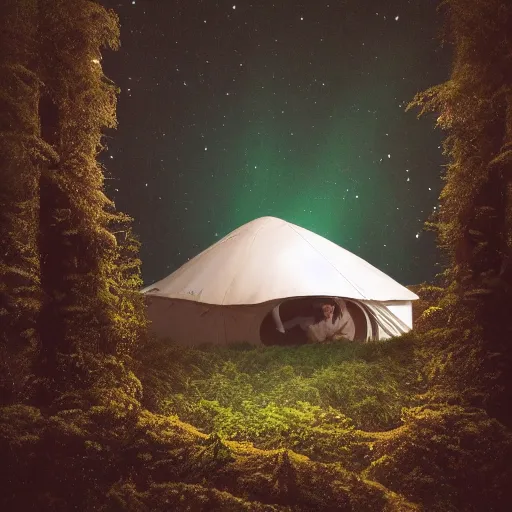 Image similar to photograph of an astronaut sitting inside a small tent at night, in heavy rainfall, alien planet, portrait picture, trees, forest, ferns, moss, wet, astronaut is relaxing