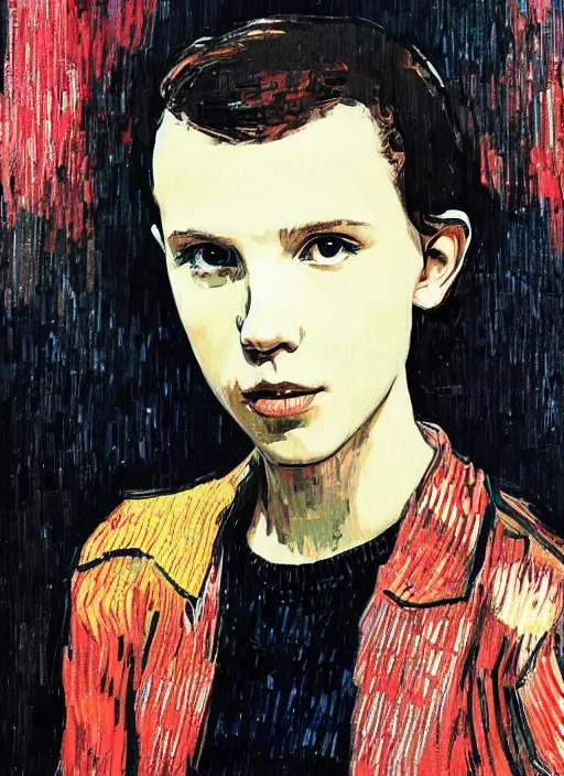 Prompt: Portrait of Millie Bobby Brown by Yoji Shinkawa and Vincent Van Gogh