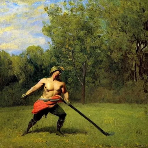 Image similar to A spartan mowing the lawn, photorealistic, by Ilya Repin and Dr. Seuss