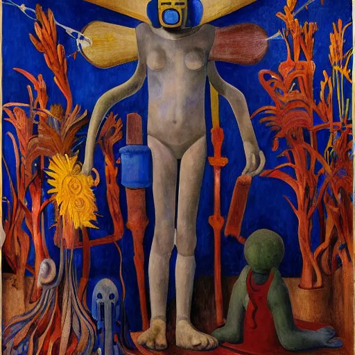 Image similar to masterpiece painting of a robot shaman, by annie swynnerton and jean delville and edward hopper and diego rivera and evelyn de morgan and rufino tamayo, facemask made of flowers, art brut, outsider art, symbolist, dramatic lighting, god rays, elaborate geometric ornament, clean crisp graphics, smooth sharp focus, extremely detailed, adolf wolfli