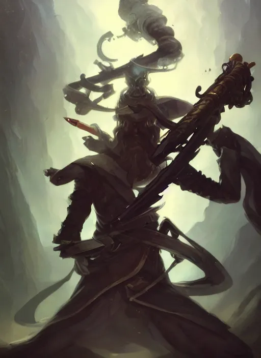 Prompt: low angle picture of a weapon master, holding a ego weapons to the camera, long black jacket, neat white beard and hair, bored, tired, smoking, ego weapons all over the place, squat down pose, highly detailed face, intricate, masterpiece, epic fantasy illustrations by peter mohrbacher and anato finnstark and jeremy lipking