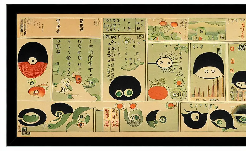 Image similar to business dashboard with time series charts, pie plots and other modern graphics, with small creatures with many eyes. diego rivera ( with slight ukiyo - e influence ). ravi supa.